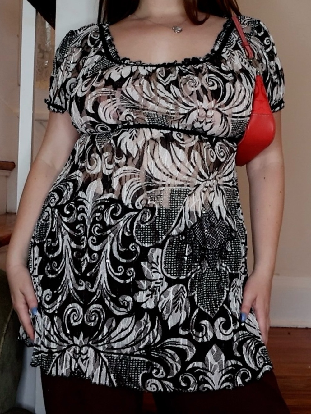 Black & Cream Floral Lace Overlay Tunic Top